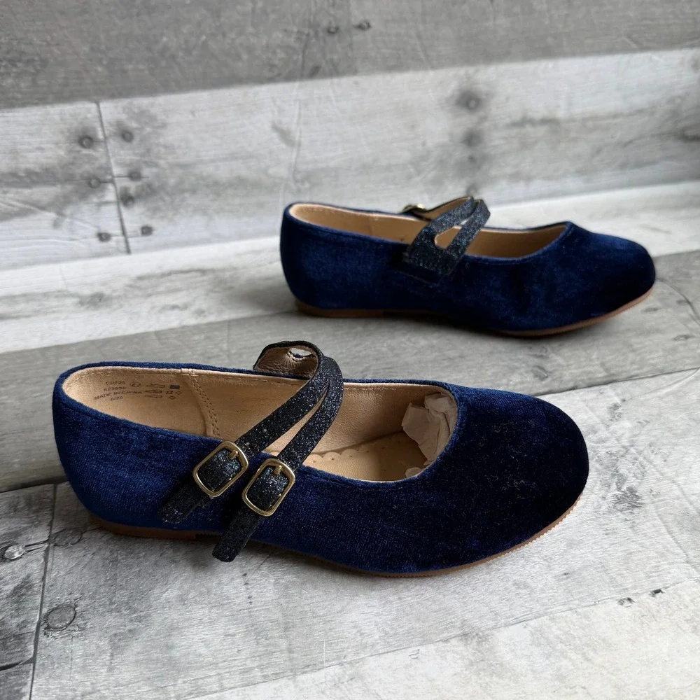 Mini Boden Kids Navy Blue Velvet Double Strap Glitter Mary Jane Shoes Size 28